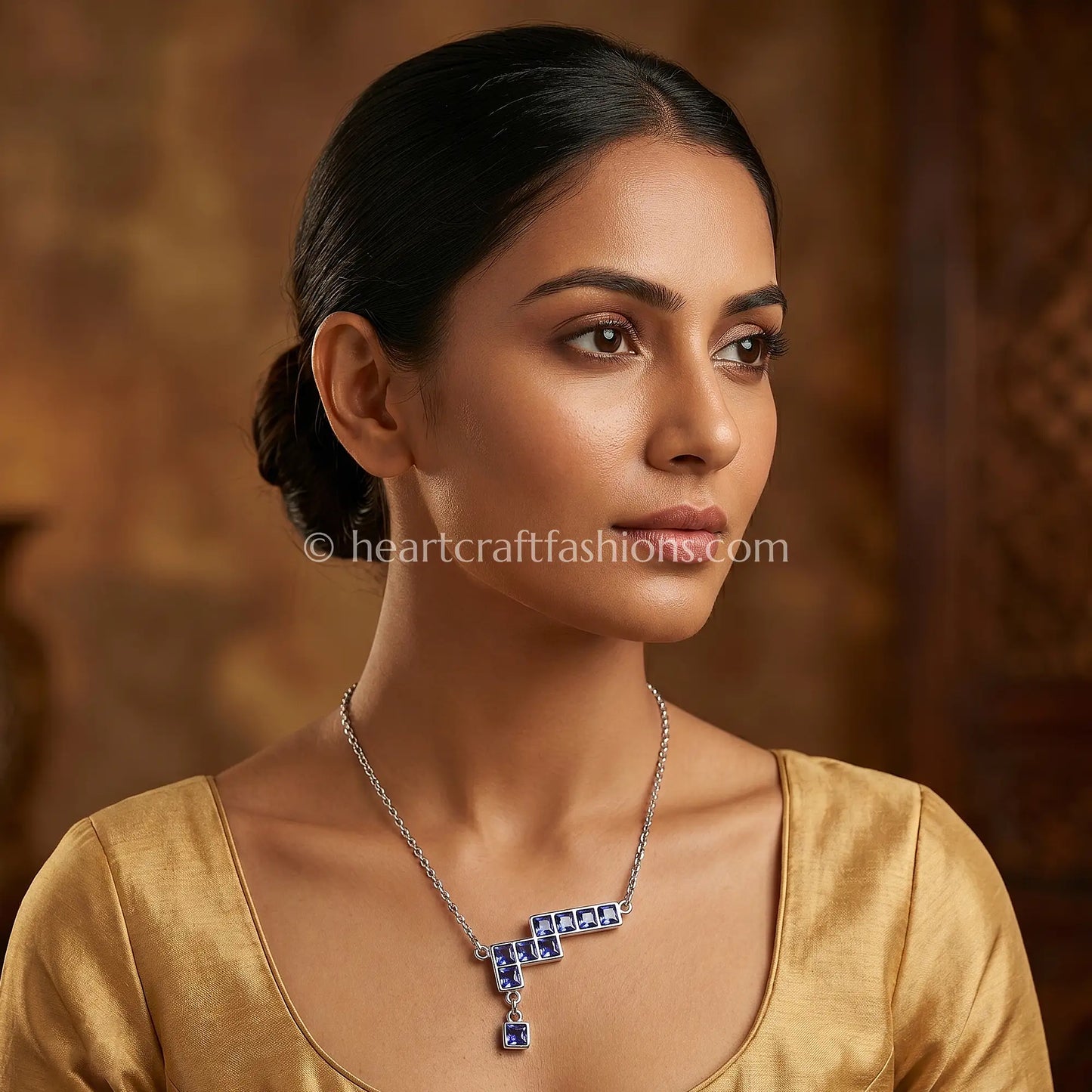 Pure Silver Geometric Step Pendant Necklace – Hallmarked Sapphire Blue CZ