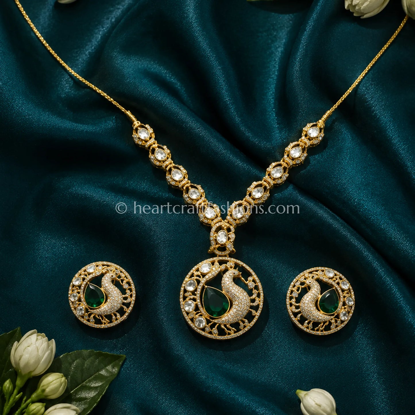 Pure Silver Gold-Plated Emerald Peacock Necklace Set – Hallmarked