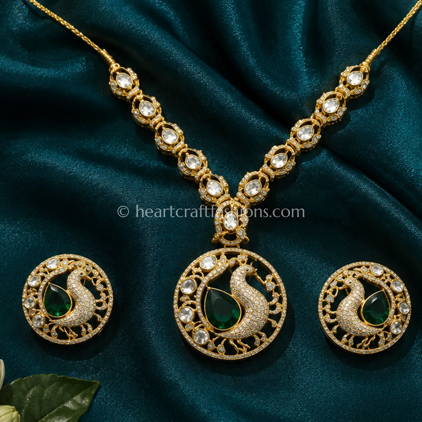 Pure Silver Gold-Plated Emerald Peacock Necklace Set – Hallmarked