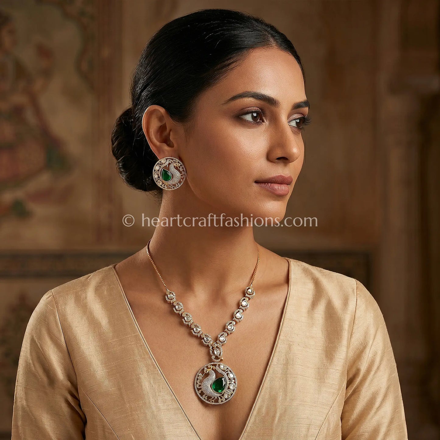 Pure Silver Gold-Plated Emerald Peacock Necklace Set – Hallmarked
