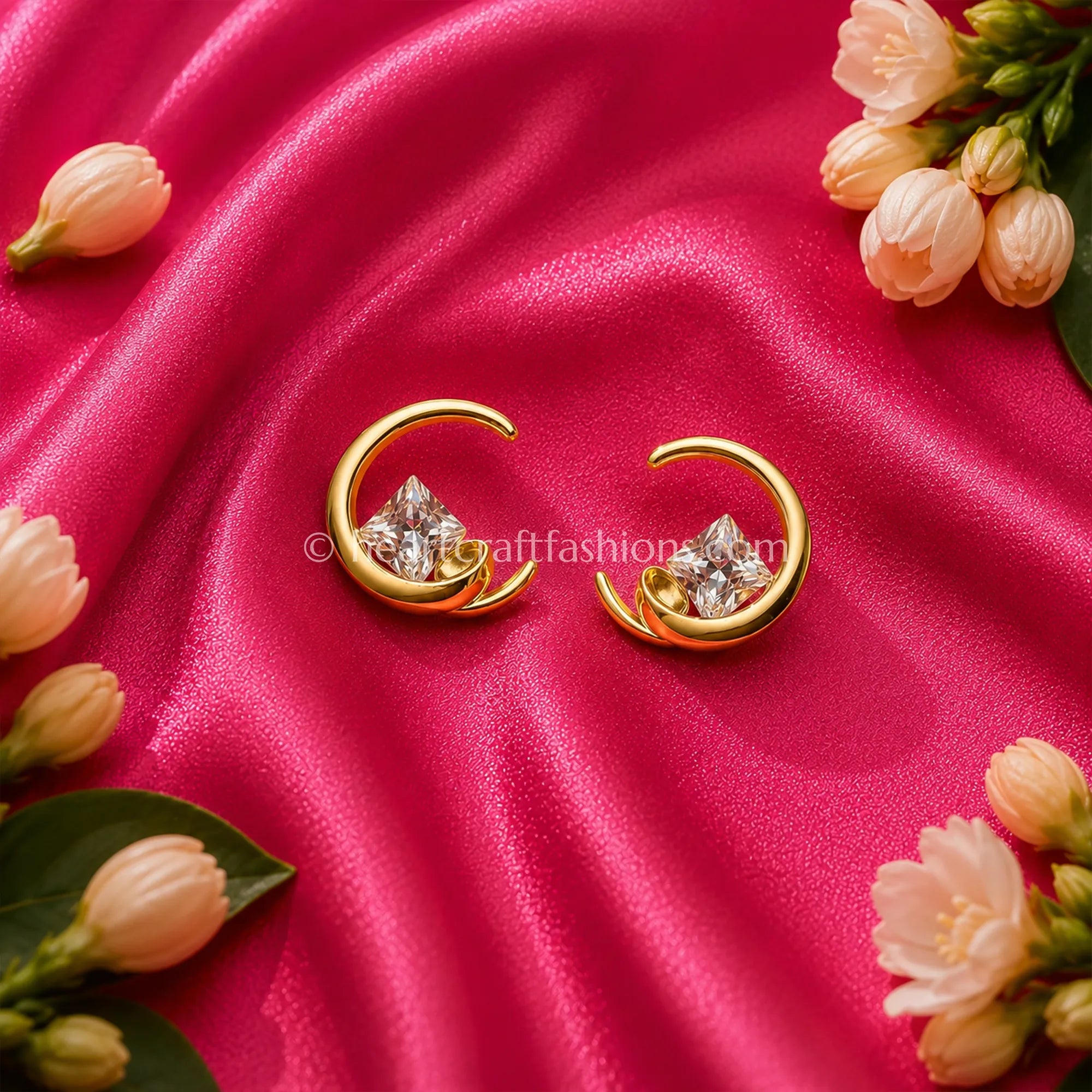 Pure Silver Gold-Plated Floating Princess-Cut Crescent Hoop Earrings – Hallmarked