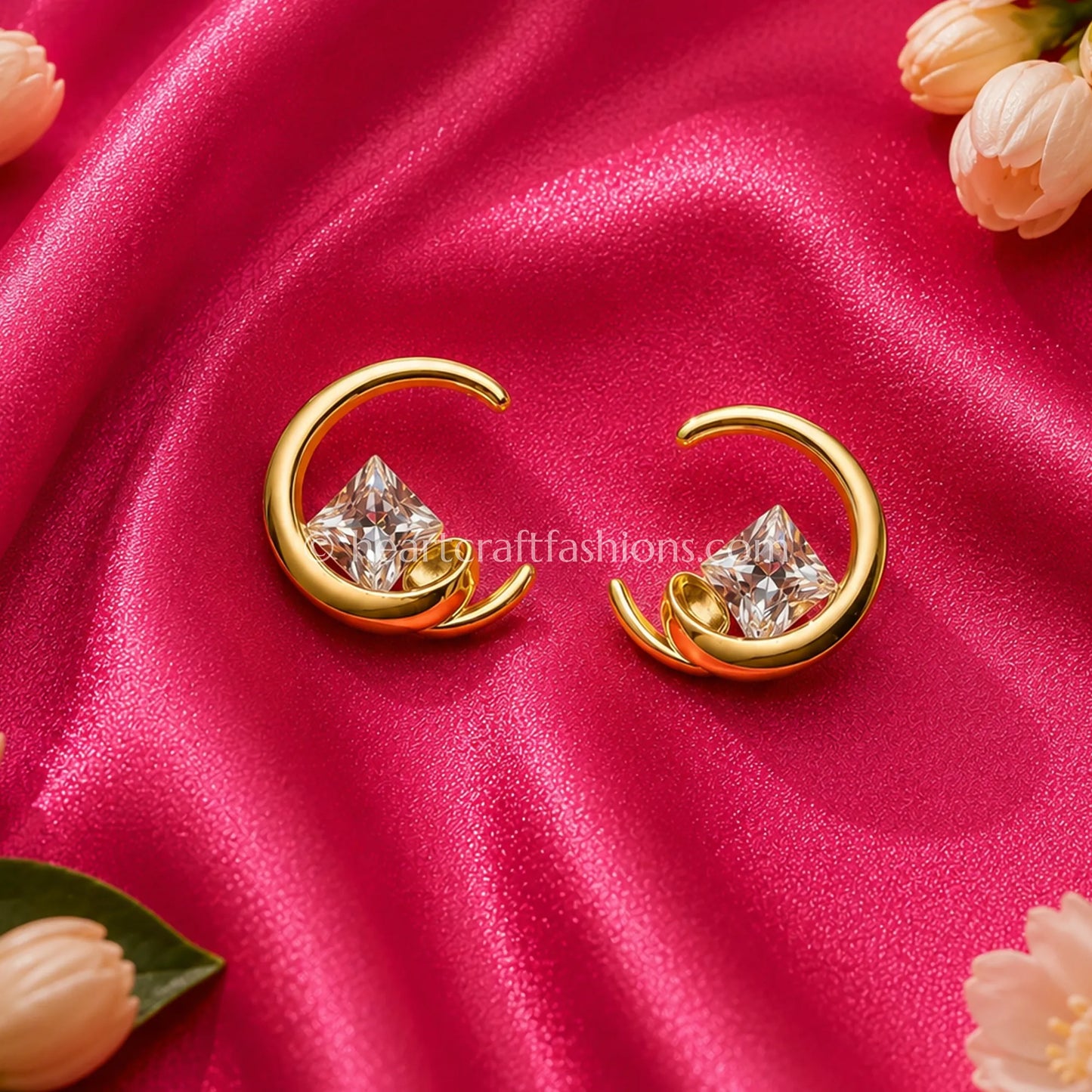 Pure Silver Gold-Plated Floating Princess-Cut Crescent Hoop Earrings – Hallmarked