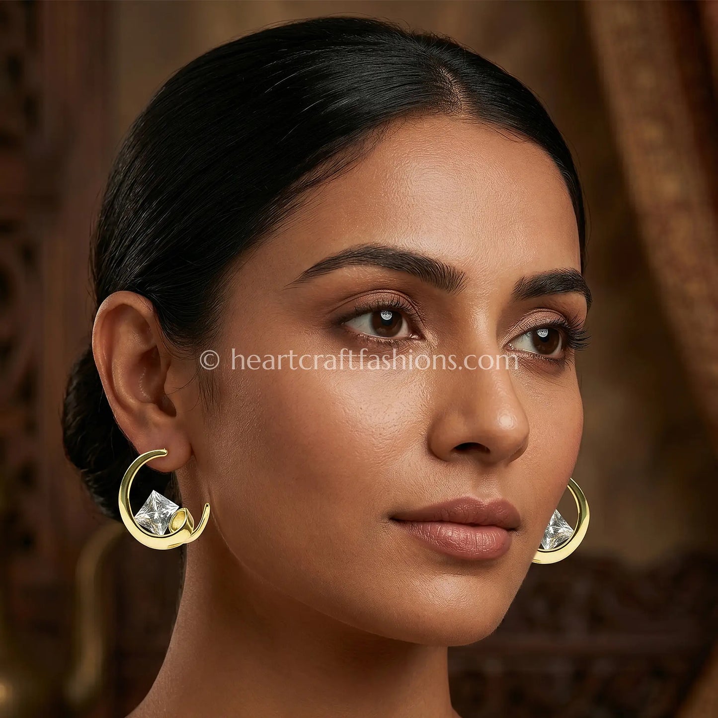 Pure Silver Gold-Plated Floating Princess-Cut Crescent Hoop Earrings – Hallmarked