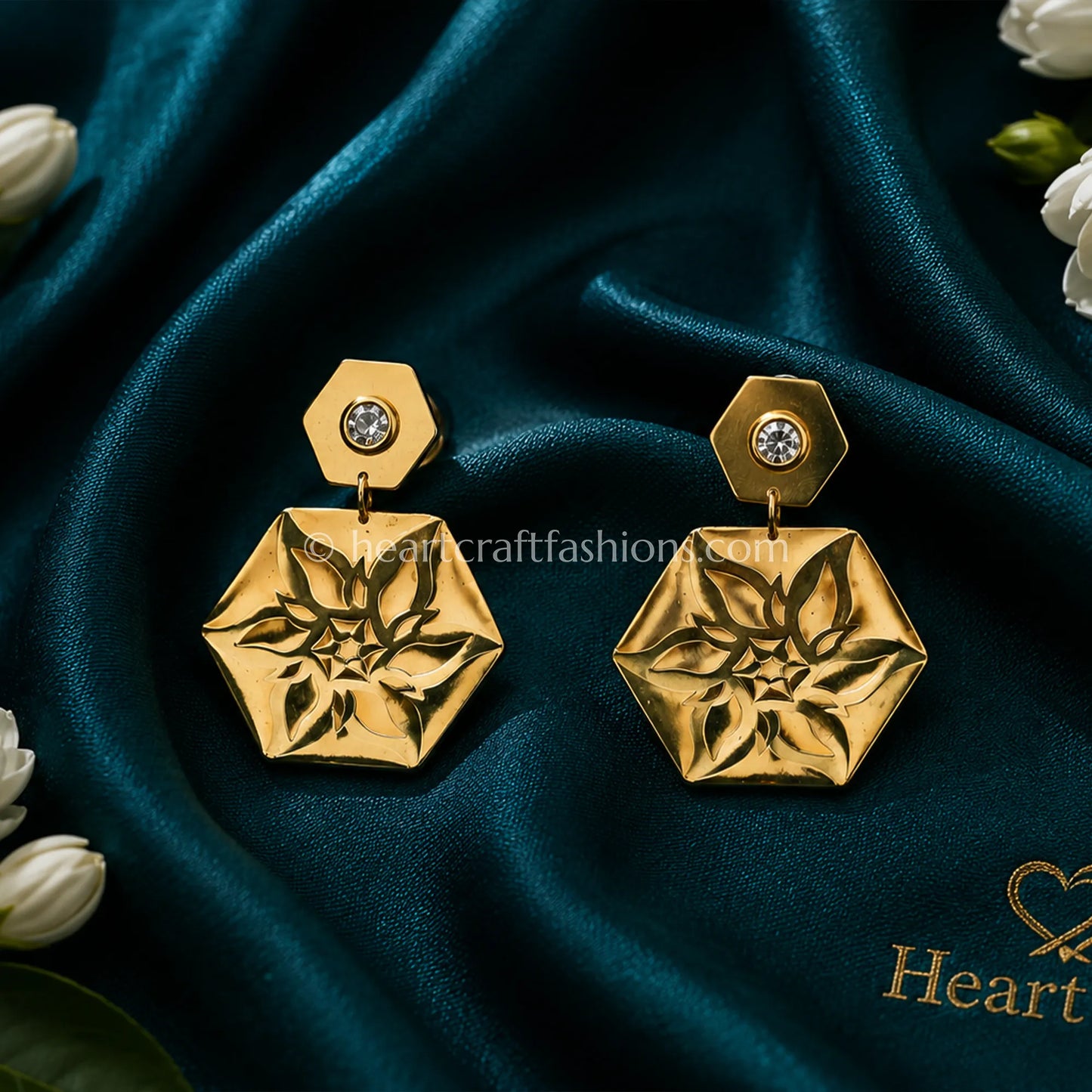 Pure Silver Gold-Plated Hexagonal Floral Cut-Out Earrings – Hallmarked