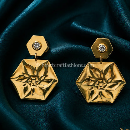 Pure Silver Gold-Plated Hexagonal Floral Cut-Out Earrings – Hallmarked