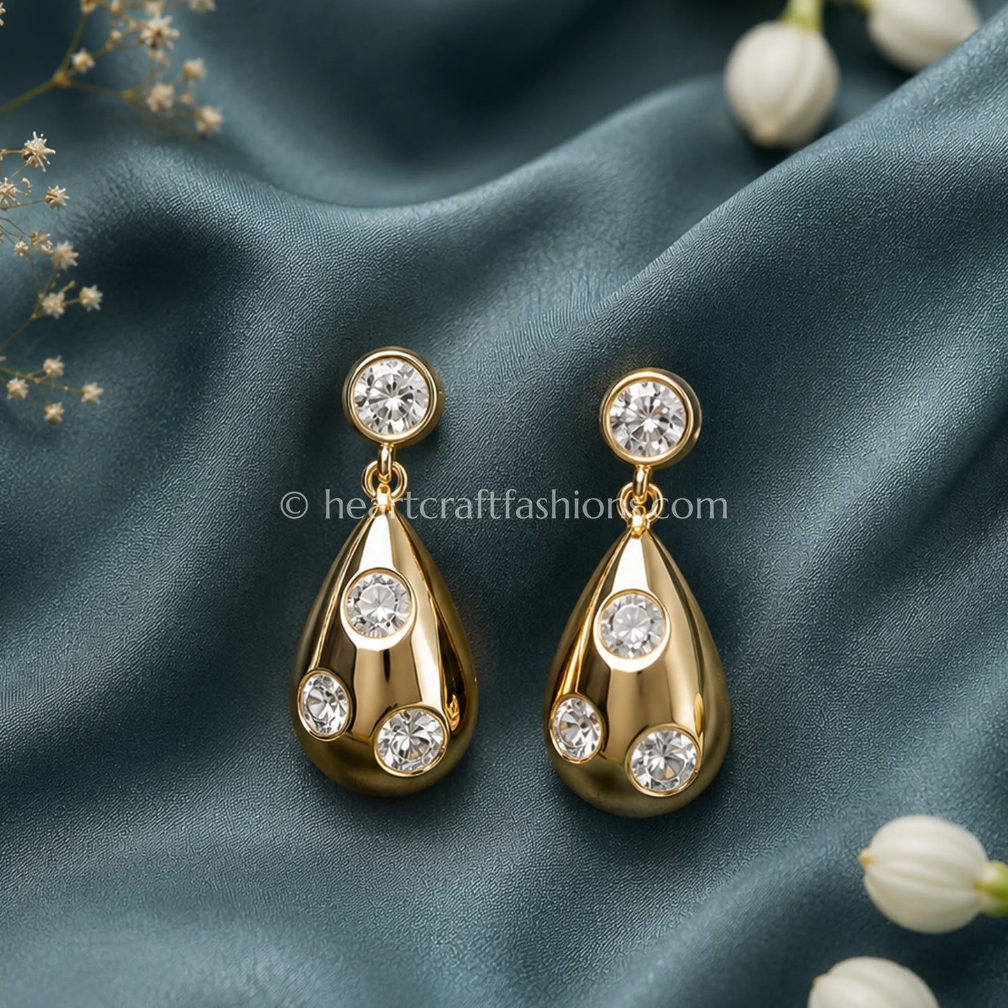 Pure Silver Gold-Plated Scattered Stone Teardrop Earrings – Hallmarked