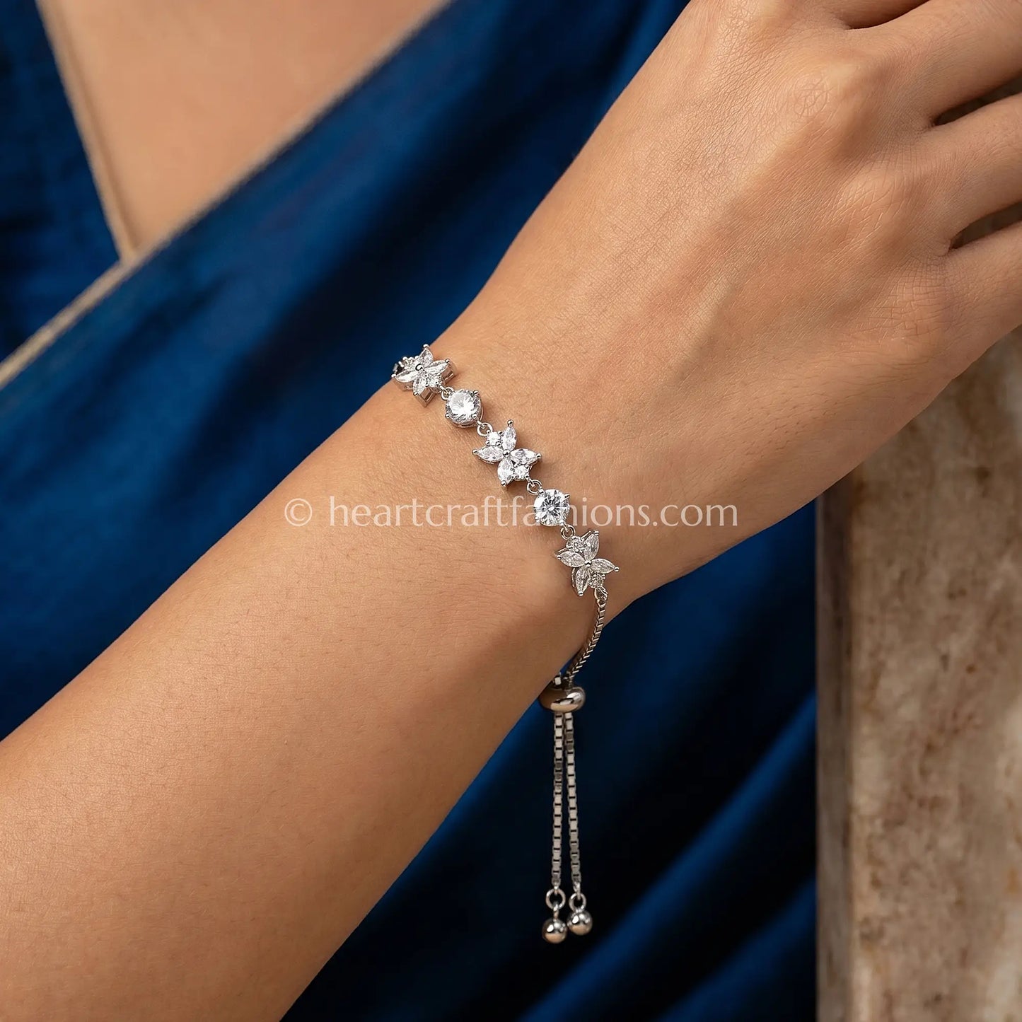 Pure Silver Marquise Floral Cluster Bolo Bracelet – Hallmarked