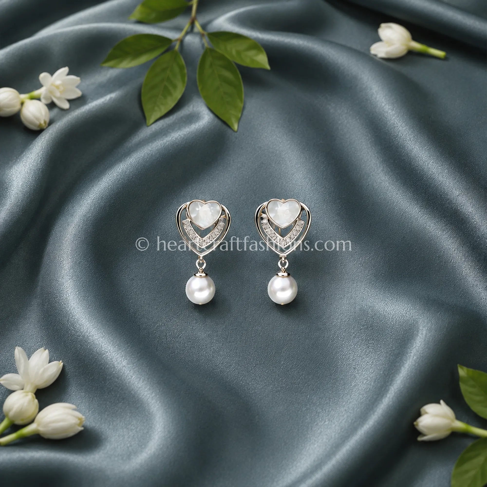 Pure Silver Mother-of-Pearl Heart & Baguette Earrings with Pearl Drop – Hallmarked