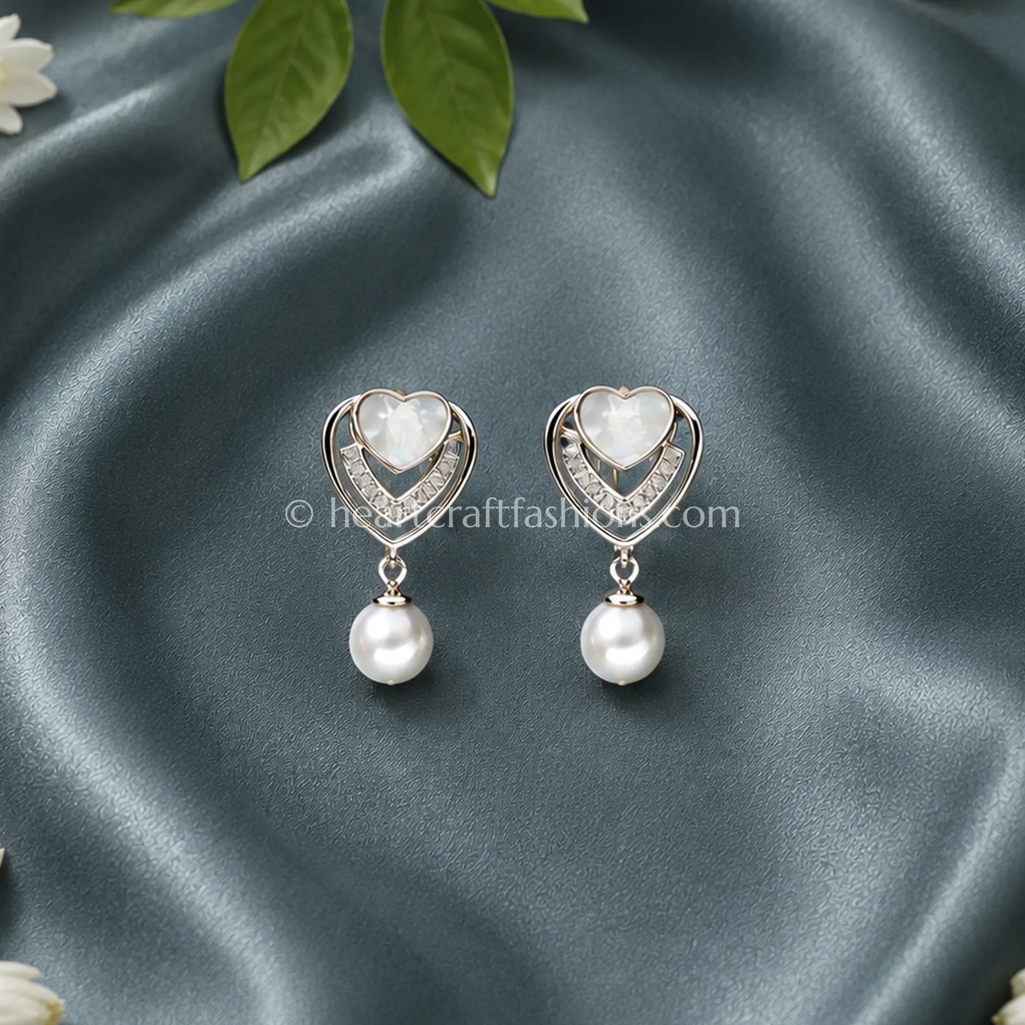 Pure Silver Mother-of-Pearl Heart & Baguette Earrings with Pearl Drop – Hallmarked