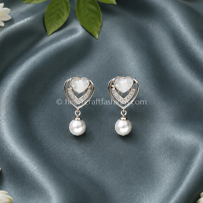 Pure Silver Mother-of-Pearl Heart & Baguette Earrings with Pearl Drop – Hallmarked