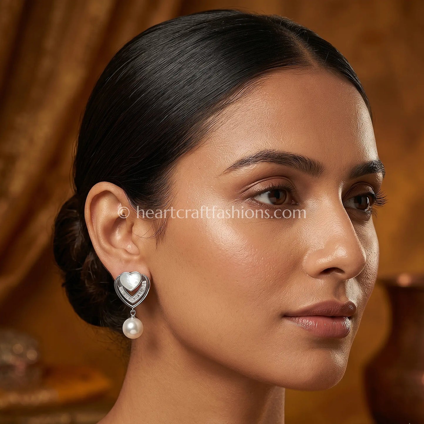 Pure Silver Mother-of-Pearl Heart & Baguette Earrings with Pearl Drop – Hallmarked