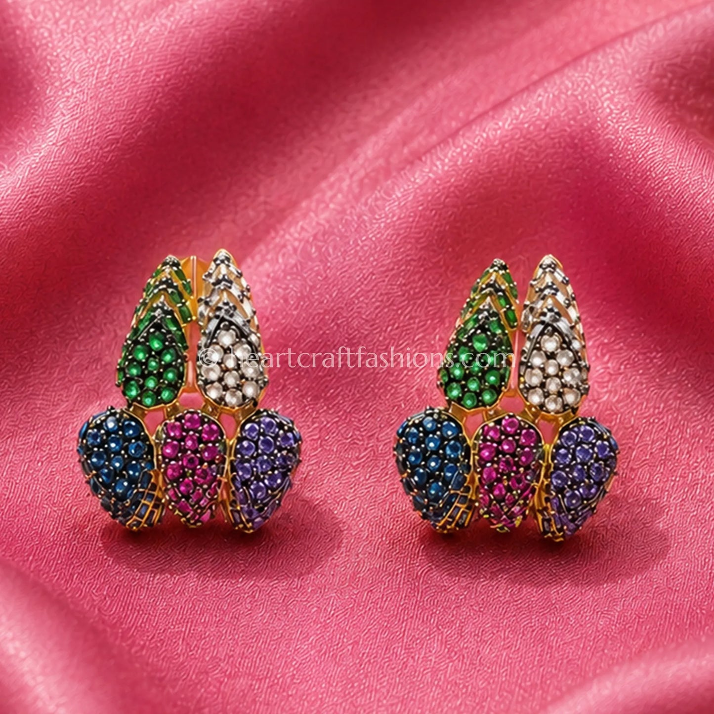 Pure Silver Multi-Gemstone Cluster J-Hoop Earrings – Gold Plated & Hallmarked