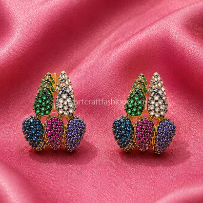Pure Silver Multi-Gemstone Cluster J-Hoop Earrings – Gold Plated & Hallmarked