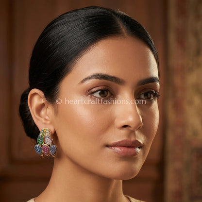 Pure Silver Multi-Gemstone Cluster J-Hoop Earrings – Gold Plated & Hallmarked