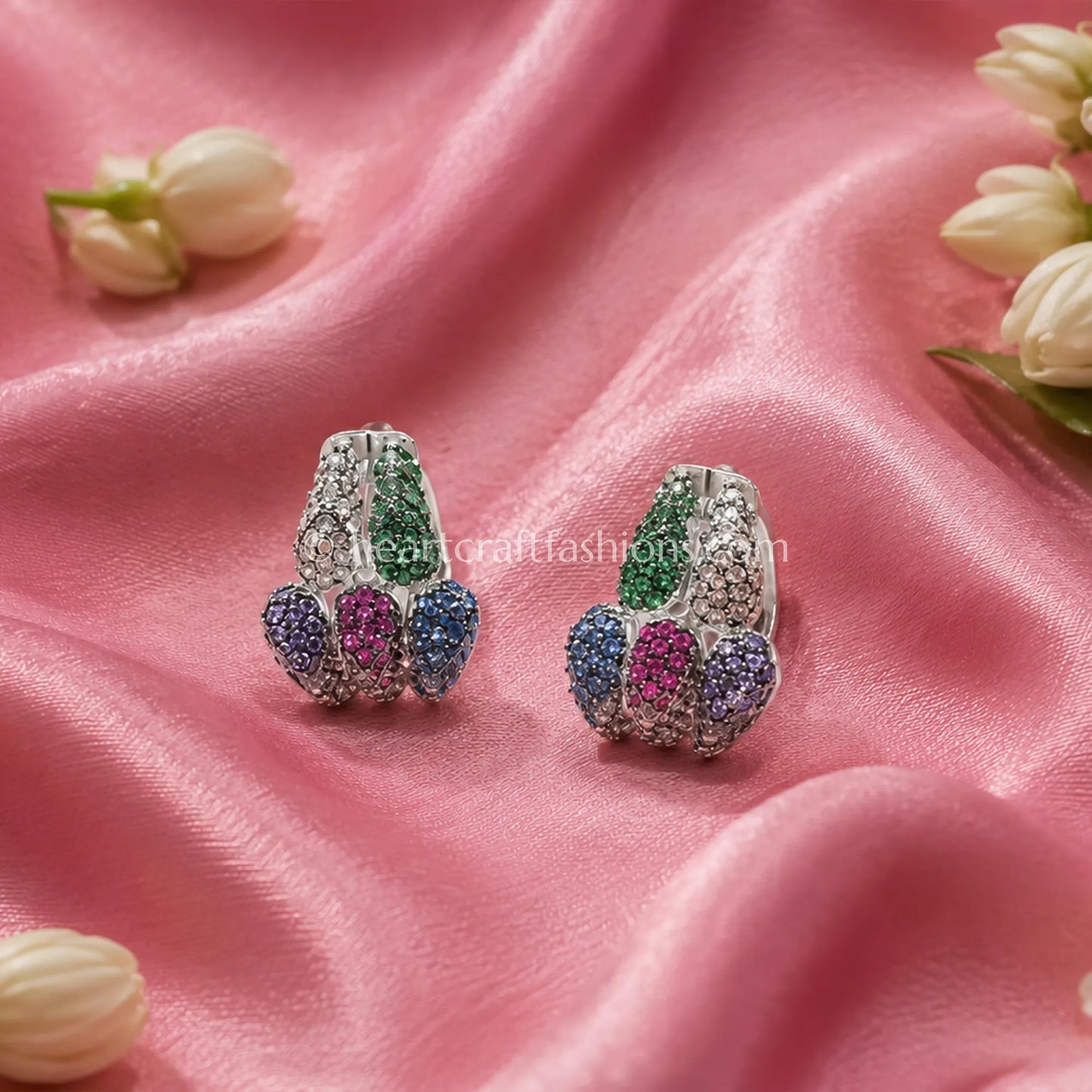 Pure Silver Multi-Gemstone Cluster J-Hoop Earrings – Luminous Silver Finish
