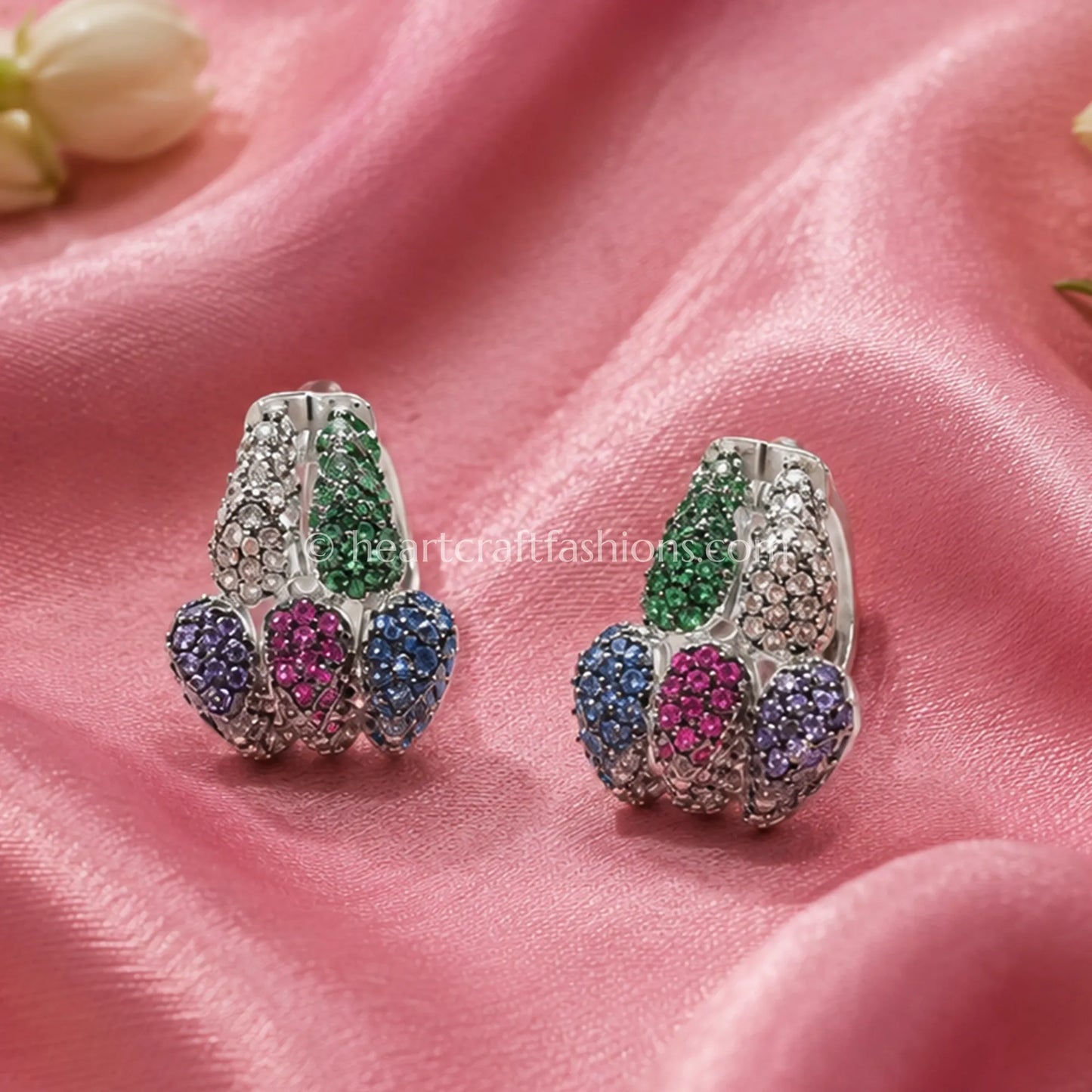 Pure Silver Multi-Gemstone Cluster J-Hoop Earrings – Luminous Silver Finish