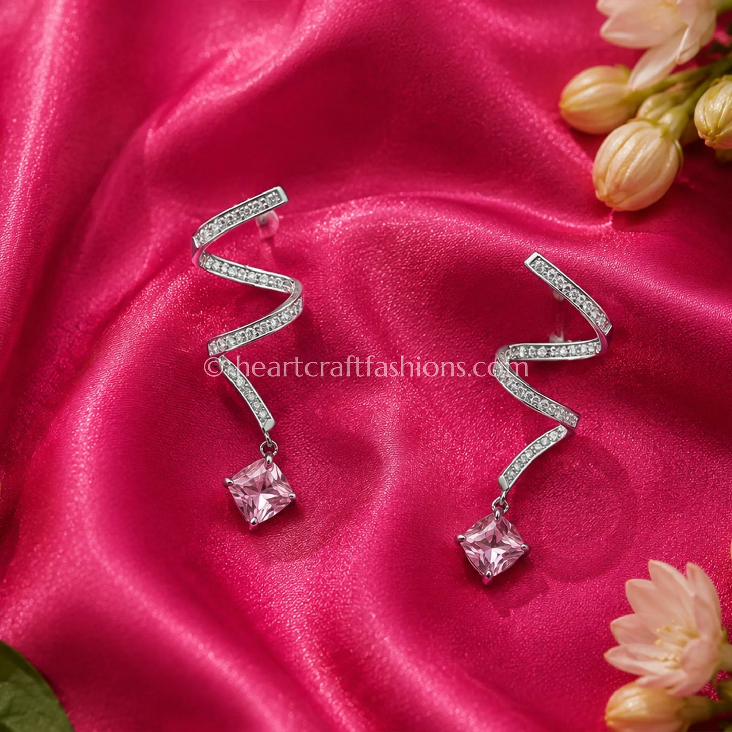 Pure Silver Pavé Spiral Drop Earrings with Pink Crystal – Hallmarked
