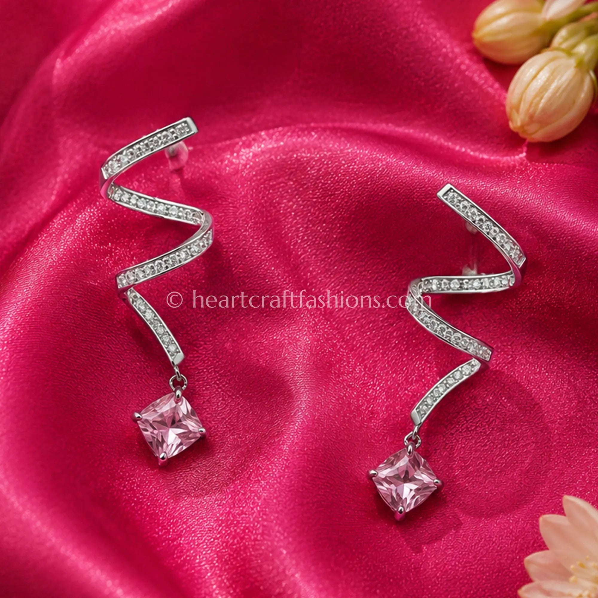Pure Silver Pavé Spiral Drop Earrings with Pink Crystal – Hallmarked