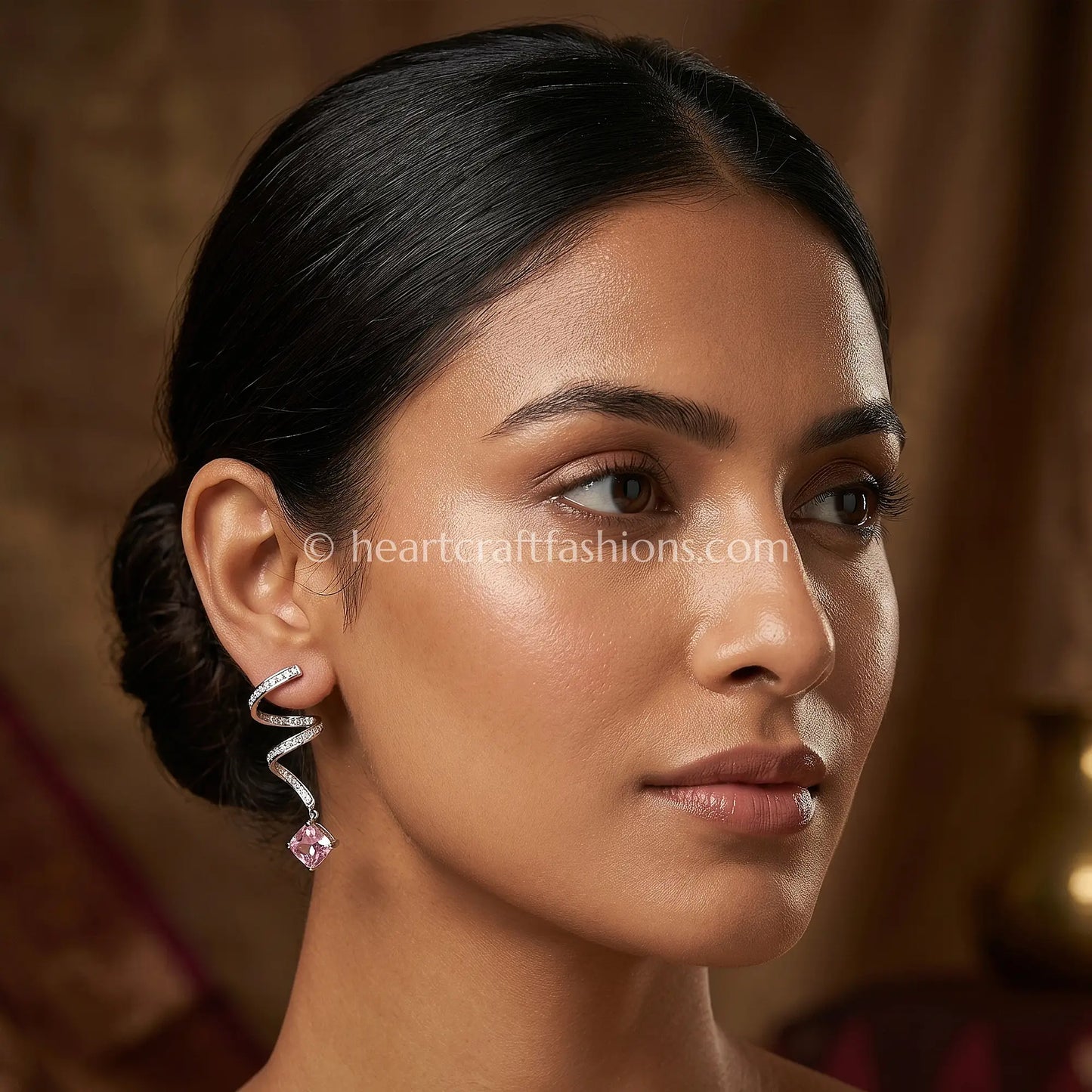 Pure Silver Pavé Spiral Drop Earrings with Pink Crystal – Hallmarked