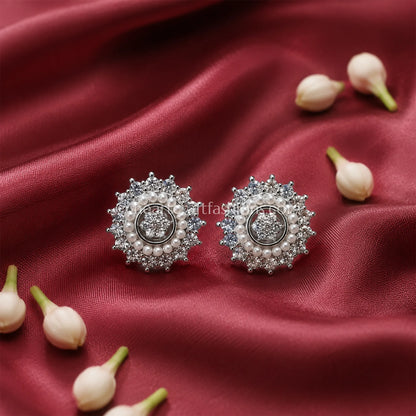 Pure Silver Sunburst Stud Earrings with Pearl Ring Accent – Hallmarked