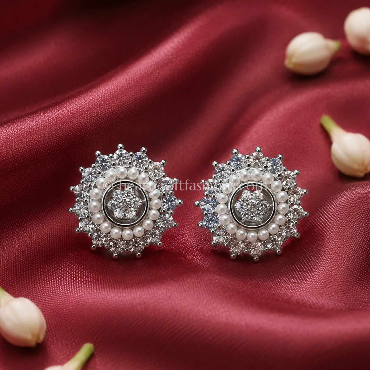 Pure Silver Sunburst Stud Earrings with Pearl Ring Accent – Hallmarked