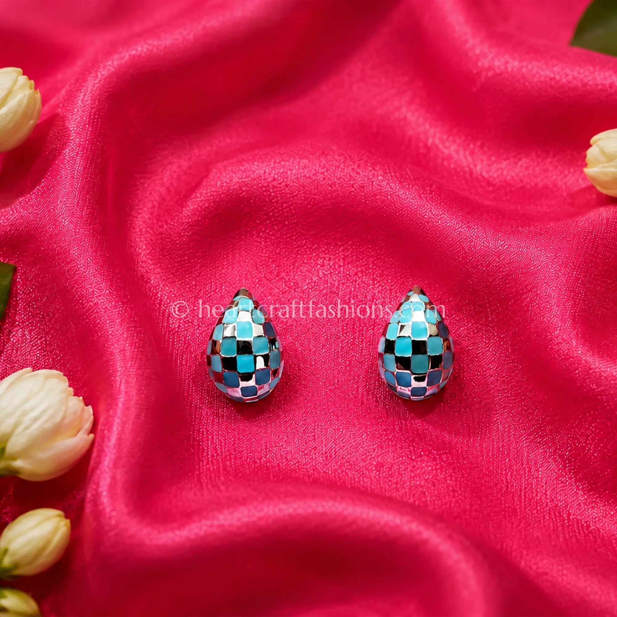 Pure Silver Teardrop Dome Studs – Hallmarked Sky Blue Checkerboard Enamel