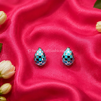 Pure Silver Teardrop Dome Studs – Hallmarked Sky Blue Checkerboard Enamel