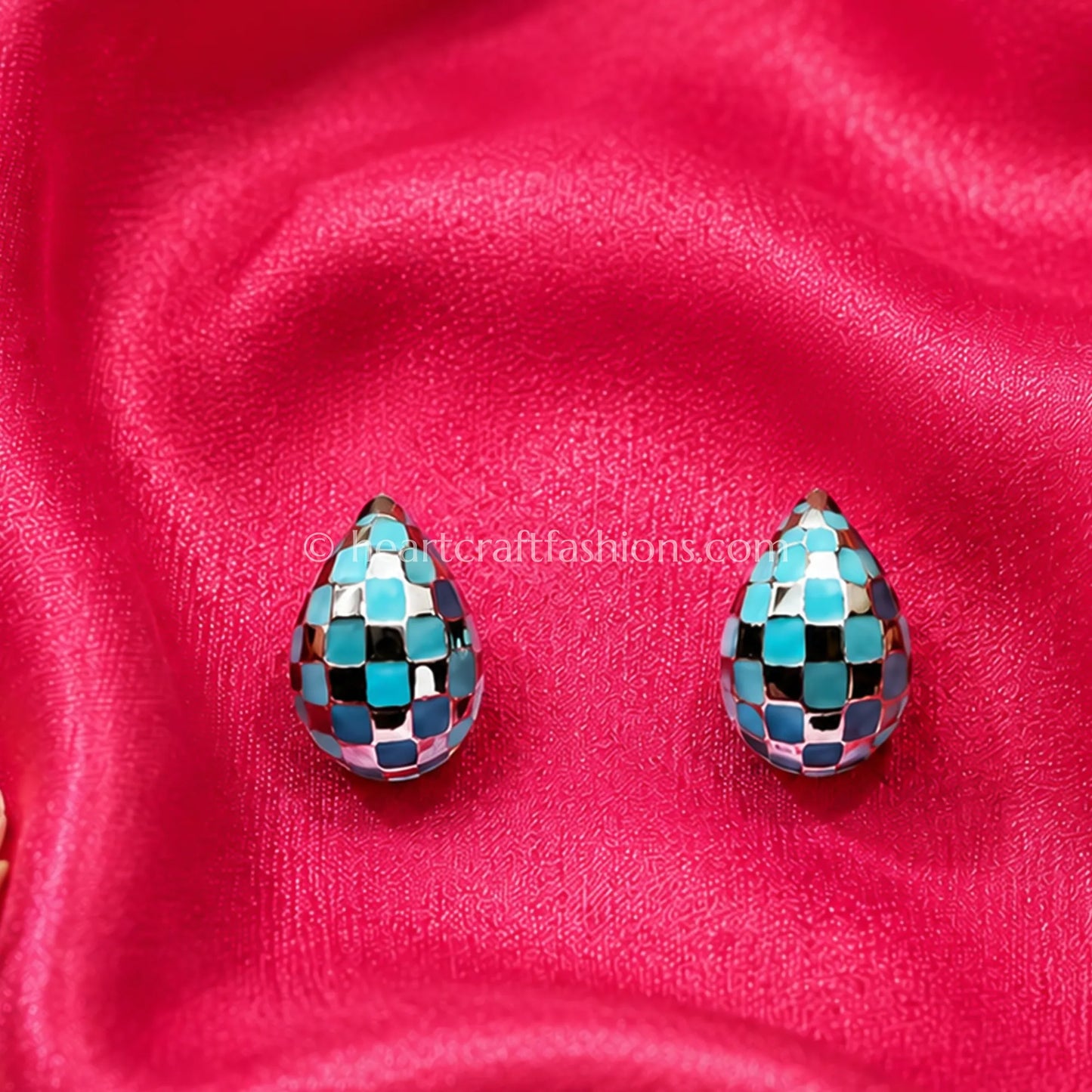 Pure Silver Teardrop Dome Studs – Hallmarked Sky Blue Checkerboard Enamel