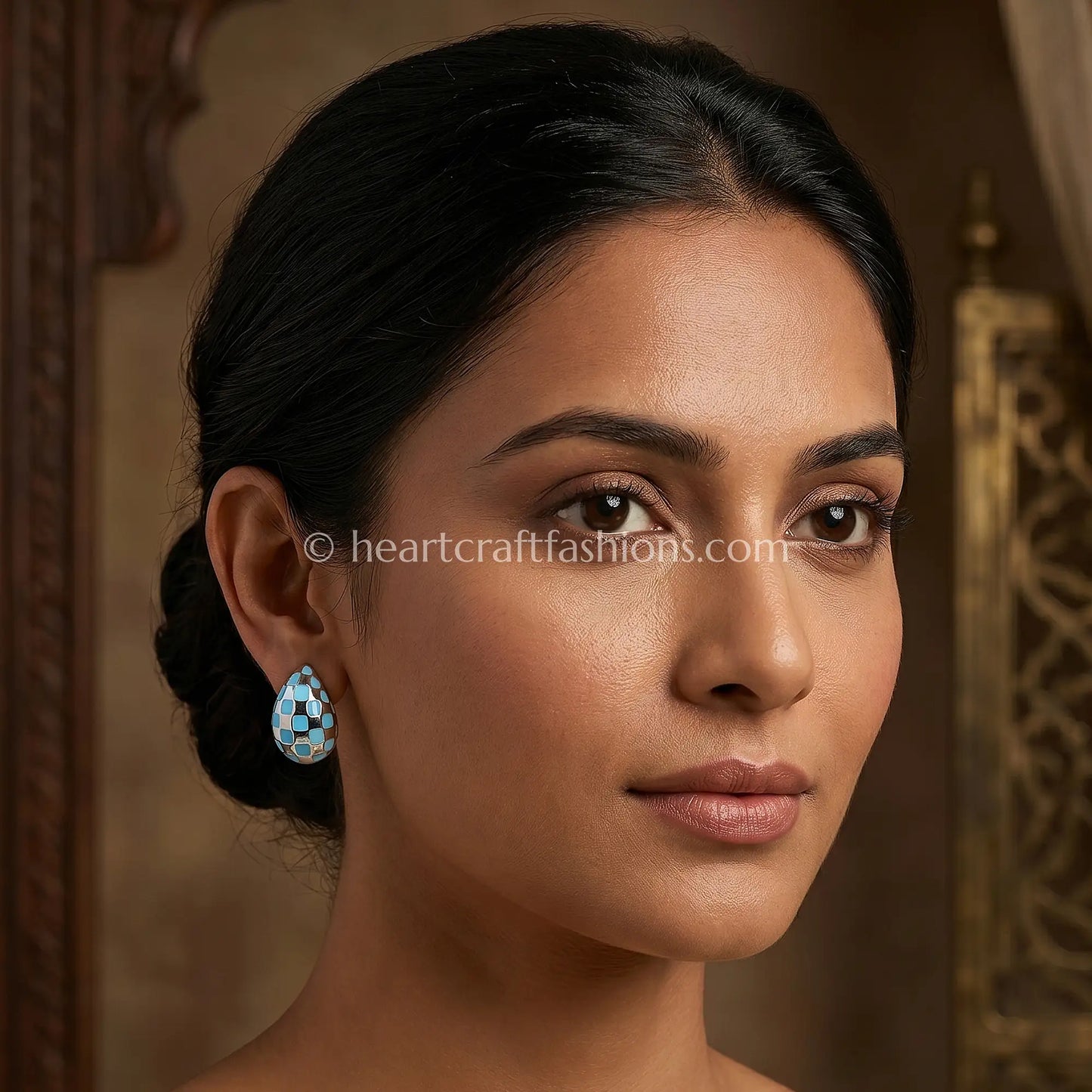 Pure Silver Teardrop Dome Studs – Hallmarked Sky Blue Checkerboard Enamel