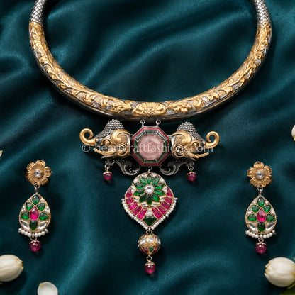 Pure Silver Dual-Tone Gajraj Choker Set – Hallmarked Heritage Design