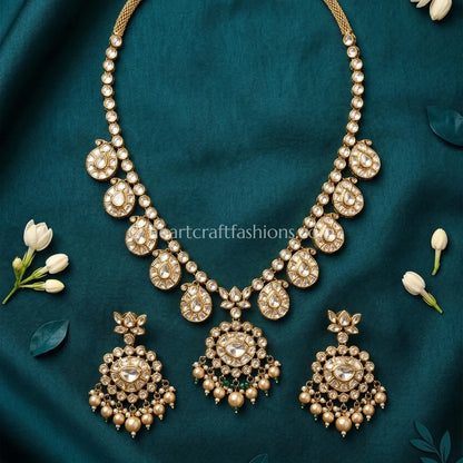 Regal Moissanite Polki Drop Necklace Set