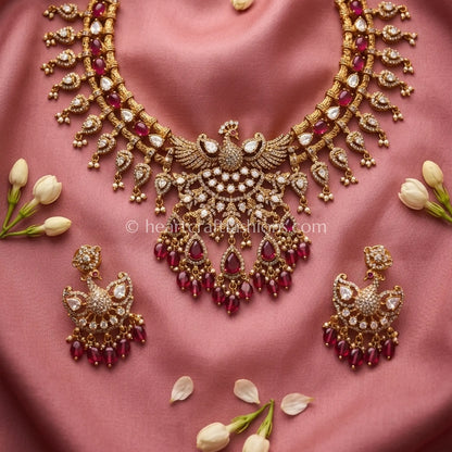 Royal Moissanite CZ Ruby Peacock Statement Choker