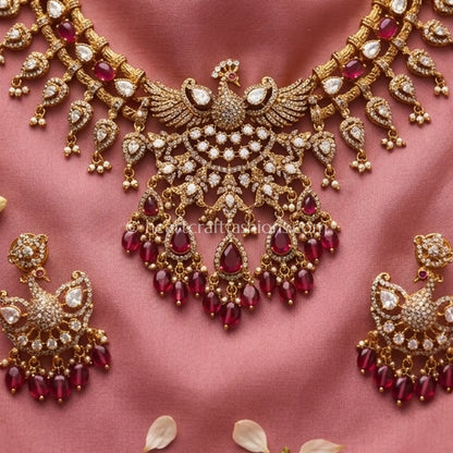 Royal Moissanite CZ Ruby Peacock Statement Choker