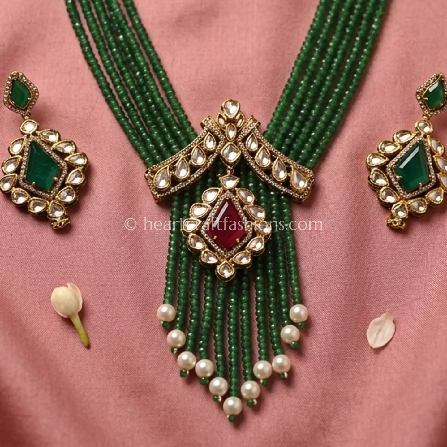Royal Ruby Green Doublet Onyx Pirohi Sunehri Kundan Necklace