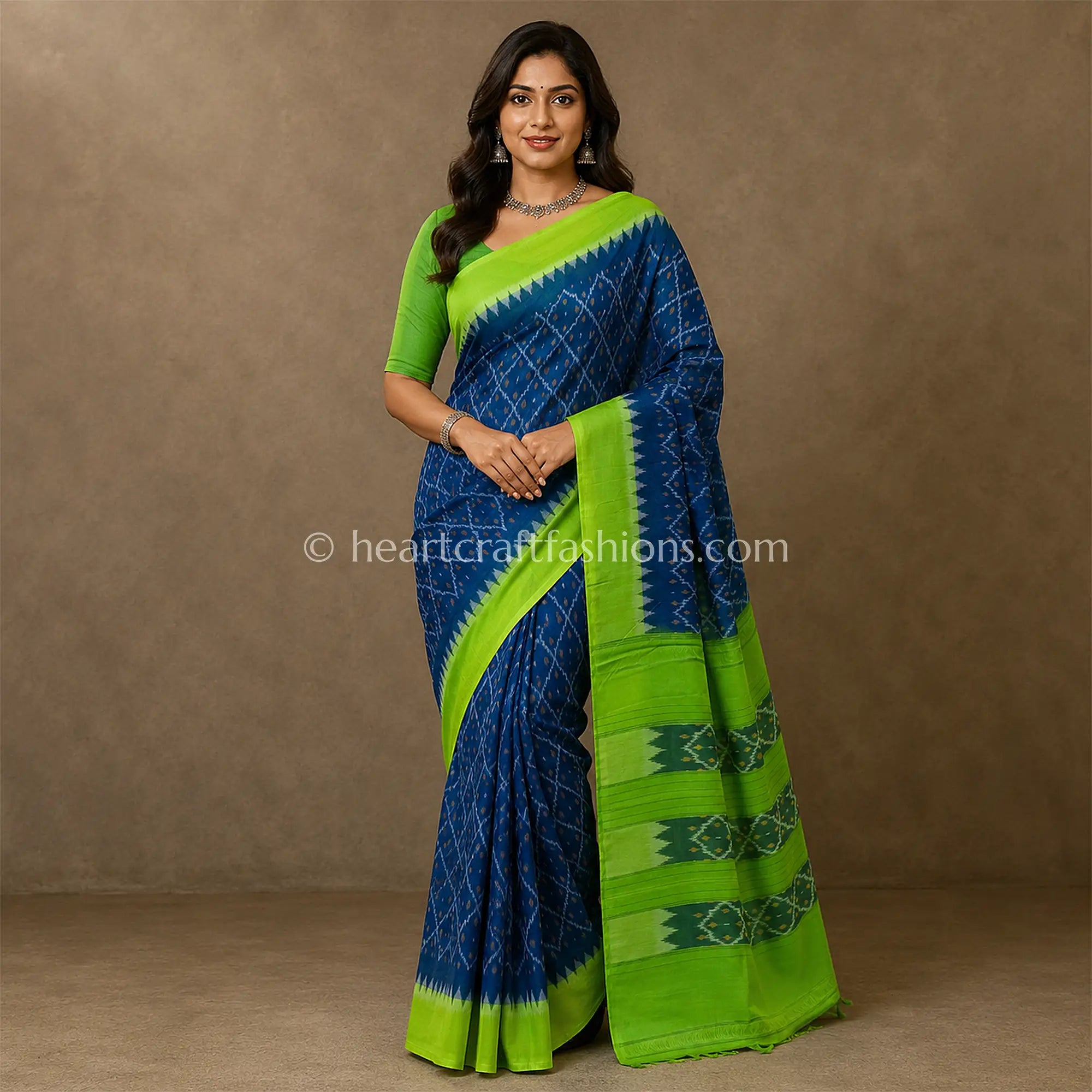 Rajkot Patola Navy Blue & Parrot Green Ikat Mercerized Cotton Saree