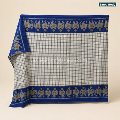 Rajkot Patola White Checks & Blue Ikat Mercerized Cotton Saree