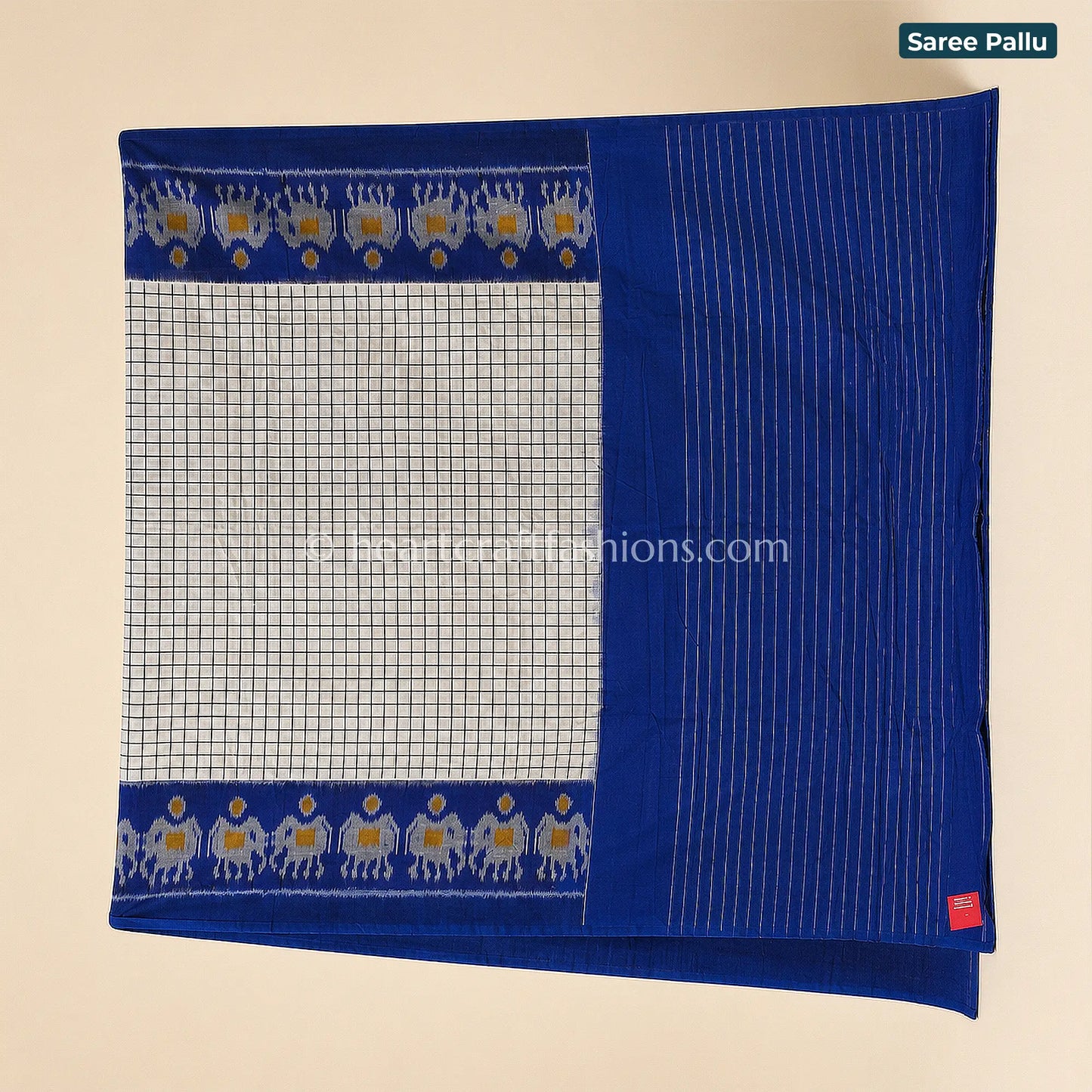 Rajkot Patola White Checks & Blue Ikat Mercerized Cotton Saree