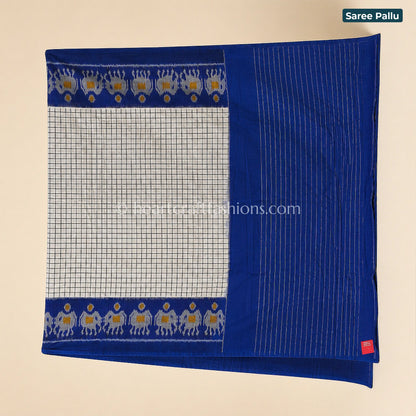 Rajkot Patola White Checks & Blue Ikat Mercerized Cotton Saree