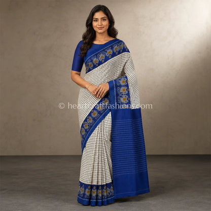 Rajkot Patola White Checks & Blue Ikat Mercerized Cotton Saree
