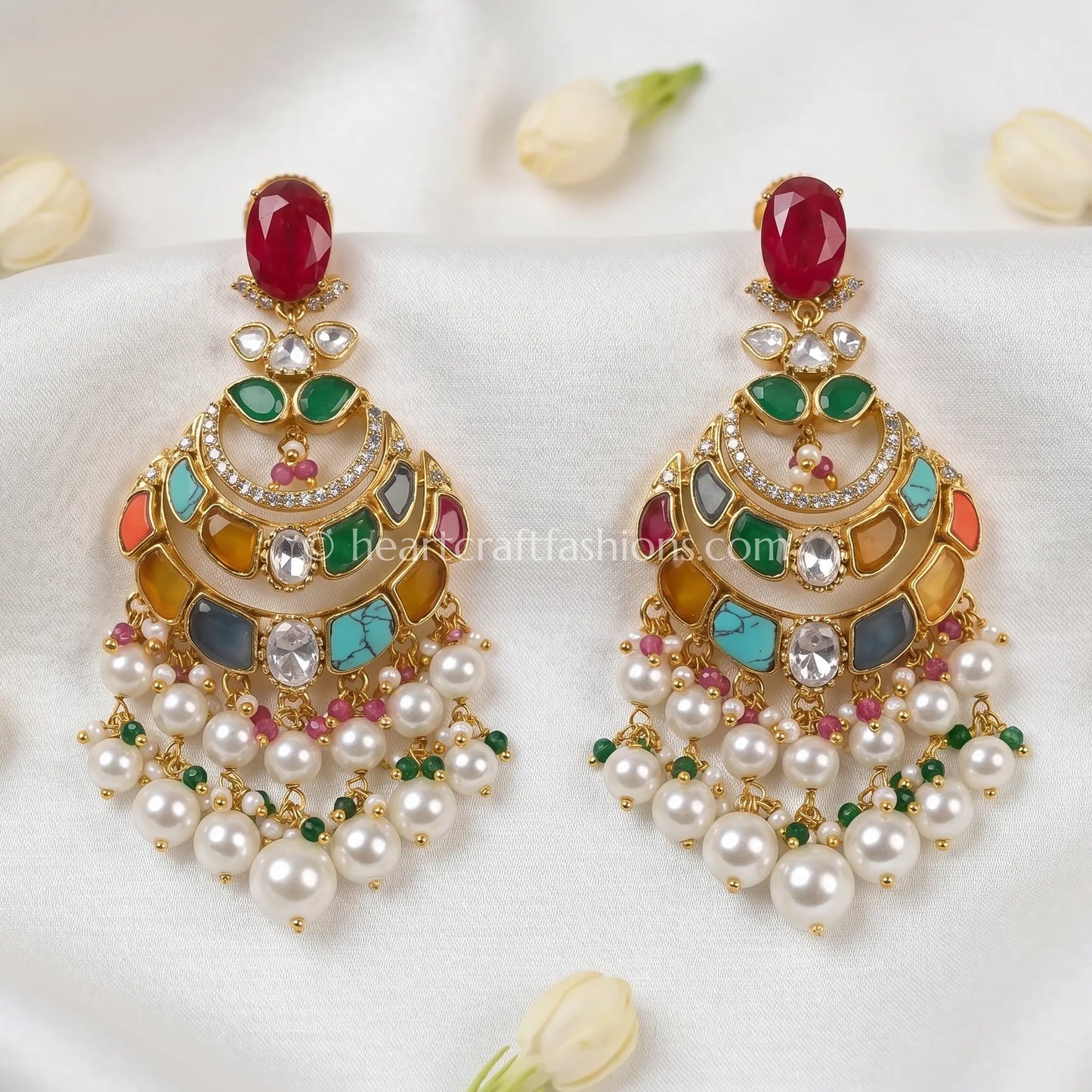 Rajnandini Navratna Doublet Moissanite Chandbali Earrings