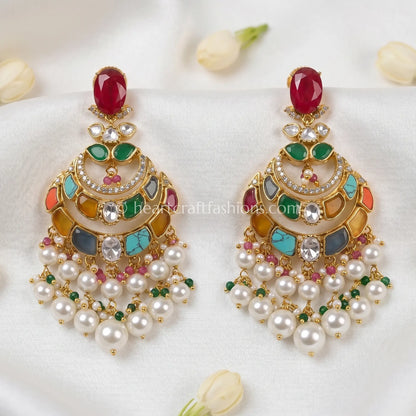 Rajnandini Navratna Doublet Moissanite Chandbali Earrings