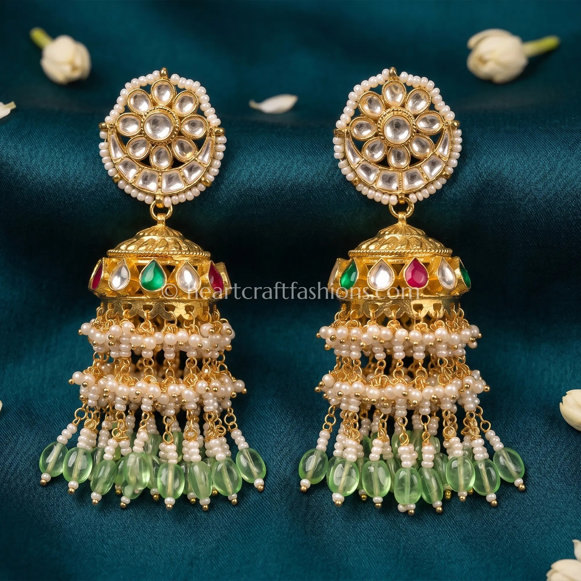 Rajsi Navratna Pachi Kundan Mint Bead Jhumka
