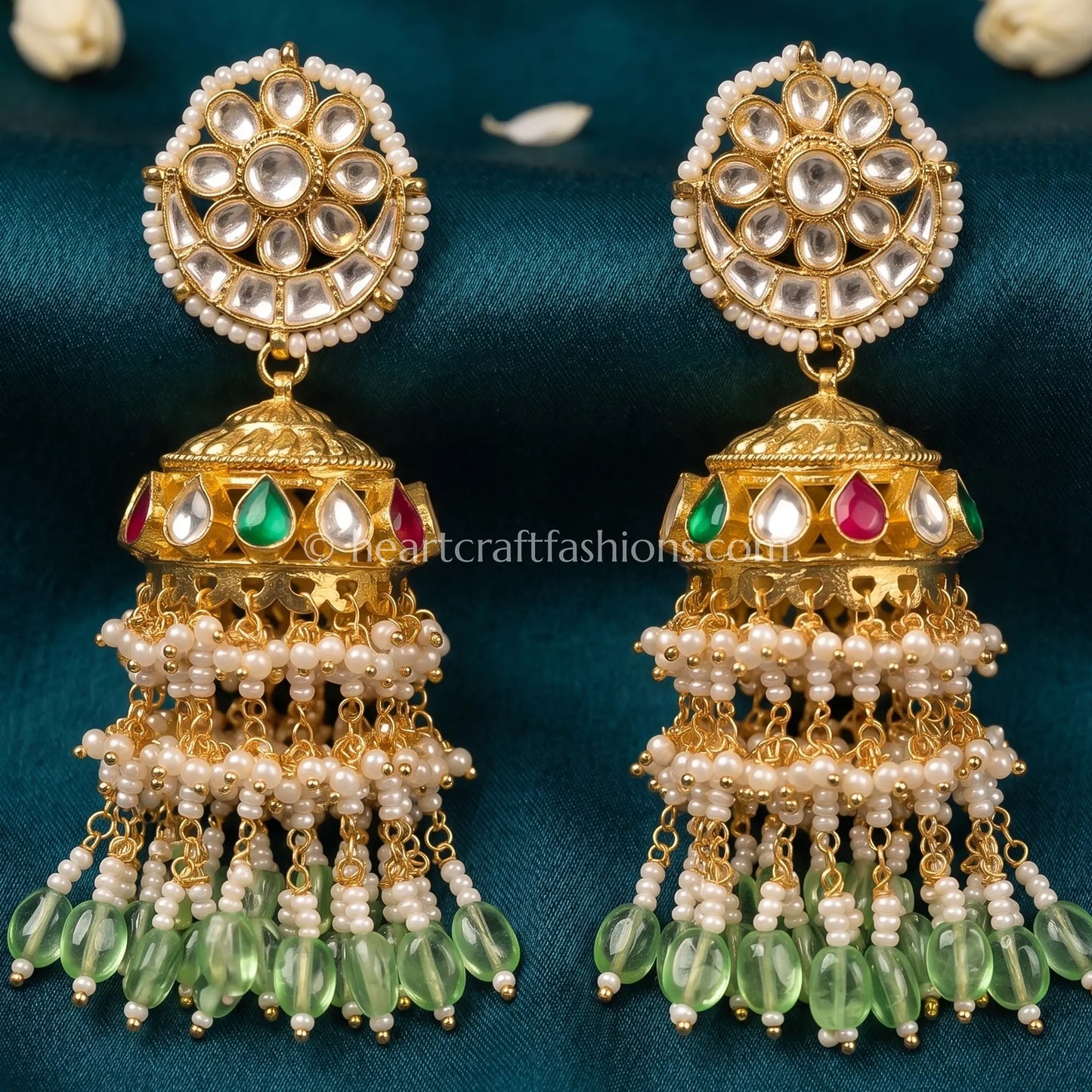 Rajsi Navratna Pachi Kundan Mint Bead Jhumka