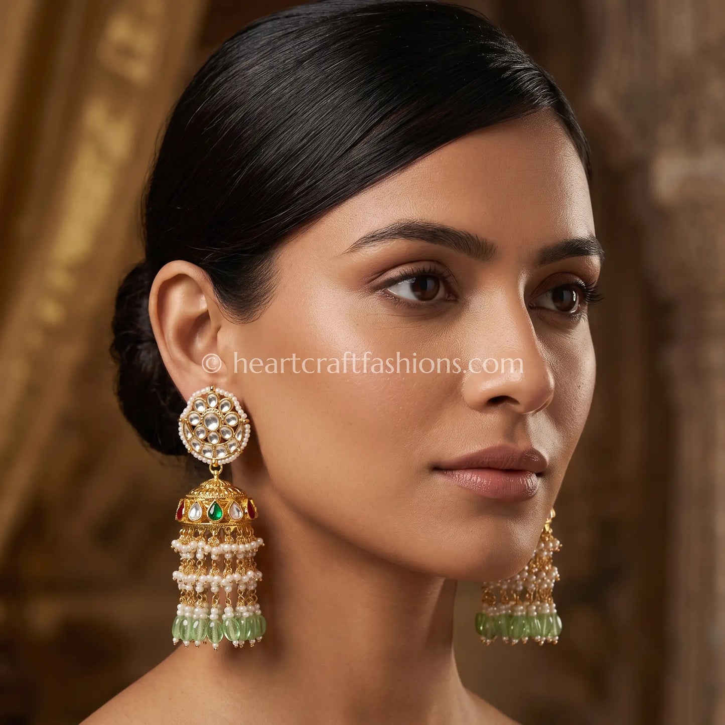Rajsi Navratna Pachi Kundan Mint Bead Jhumka