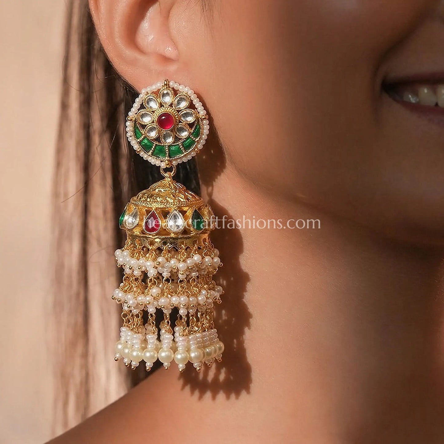 Rajsi Navratna Pachi Kundan Pearl Jhumka