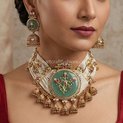 Rajwadi Emerald Bloom Pearl Choker Set