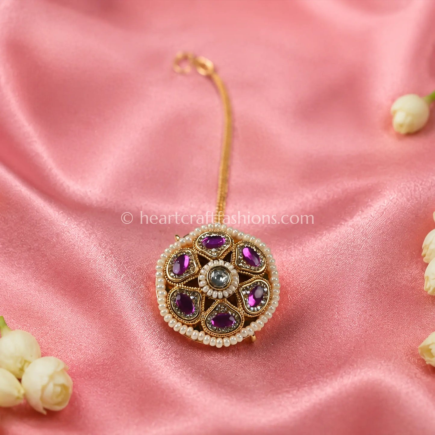 Rajwadi Ruby-Studded Floral Borla with Pearl Trim