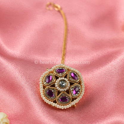Rajwadi Ruby-Studded Floral Borla with Pearl Trim