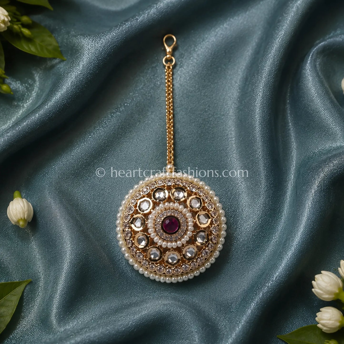 Rajwadi Sunehri Kundan & Pearl Studded Borla
