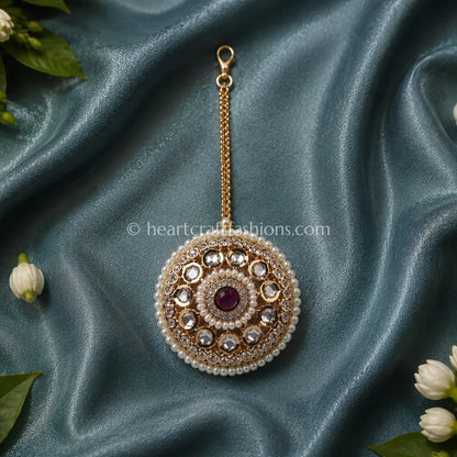 Rajwadi Sunehri Kundan & Pearl Studded Borla